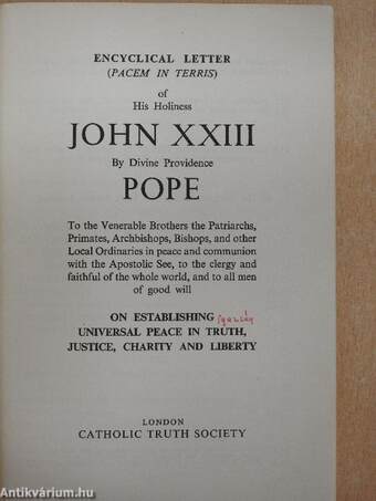 Encyclical Letter (Pacem in terris) of His Holiness John XXIII By Divine Providence Pope