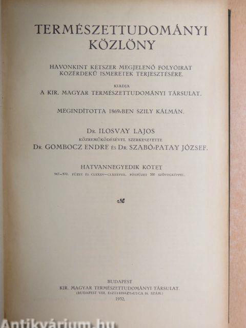 Természettudományi Közlöny 1932. január-december/Pótfüzetek a Természettudományi Közlönyhöz 1932. január-december