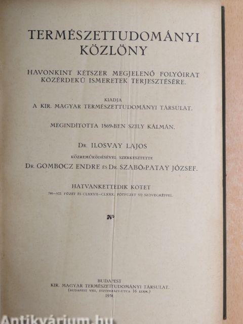 Természettudományi Közlöny 1930. január-december/Pótfüzetek a Természettudományi Közlönyhöz 1930. január-december