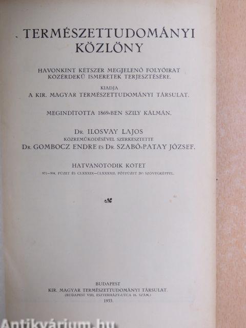 Természettudományi Közlöny 1933. január-december/Pótfüzetek a Természettudományi Közlönyhöz 1933. január-december