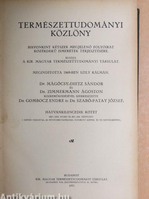 Természettudományi Közlöny 1937. január-december/Pótfüzetek a Természettudományi Közlönyhöz 1937. január-december