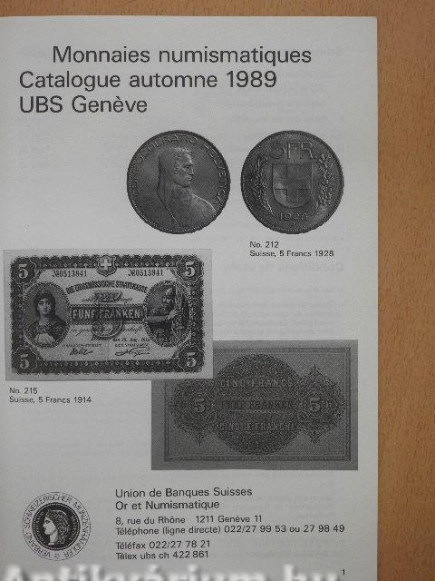 Monnaies numismatiques Catalogue automne 1989