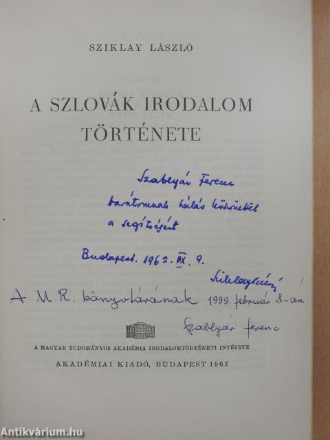 A szlovák irodalom története (dedikált példány)