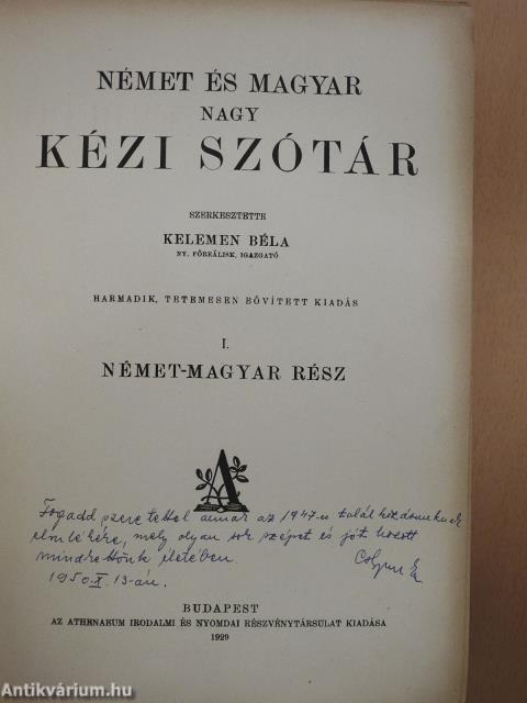 Német és magyar nagy kézi szótár I-II.