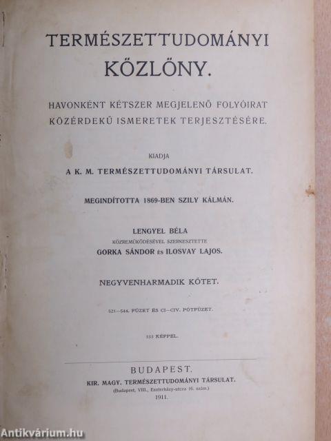 Természettudományi Közlöny 1911. január-december/Pótfüzetek a Természettudományi Közlönyhöz 1911. január-december