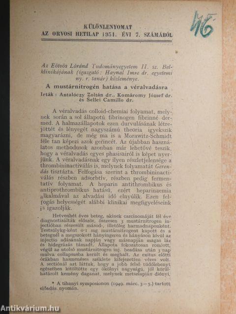 Különlenyomatok az Orvosi Hetilap számaiból 1948., 1950-1951 (7 db)