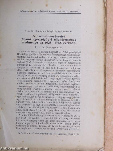 A baromfitenyészetek állami egészségügyi ellenőrzésének eredménye az 1928-1932. években