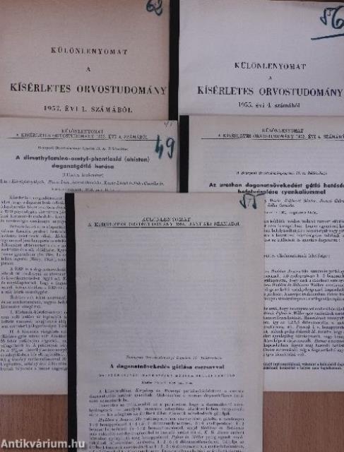 Különlenyomatok a Kísérletes Orvostudomány számaiból 1952., 1954., 1955., 1957 (5 db)