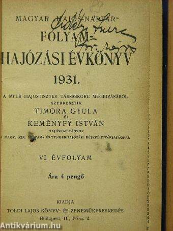 Magyar "hajós-naptár" folyamhajózási évkönyv 1931.