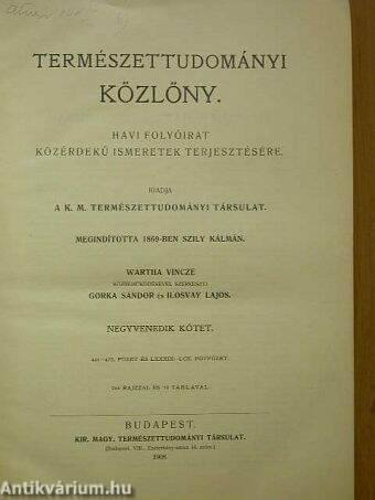 Természettudományi Közlöny 1908. január-december/Pótfüzetek a Természettudományi Közlönyhöz 1908. január-december