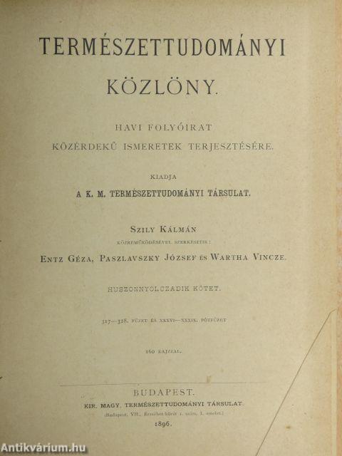 Természettudományi Közlöny 1896. január-december/Pótfüzetek a Természettudományi Közlönyhöz 1896. január-december