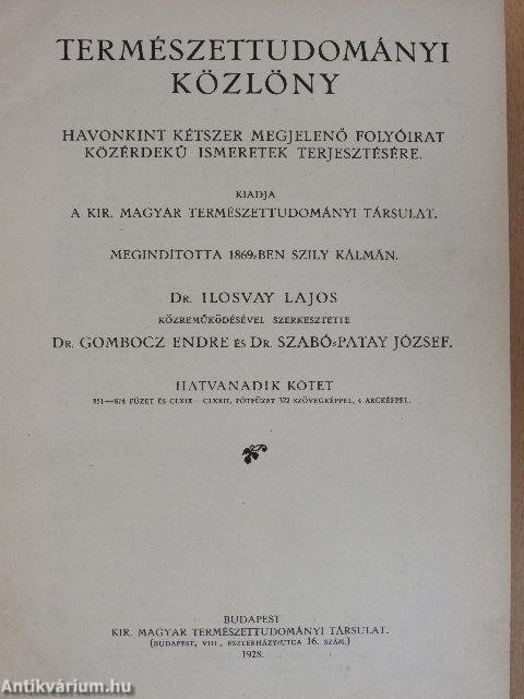 Természettudományi Közlöny 1928. január-december/Pótfüzetek a Természettudományi Közlönyhöz 1928. január-december