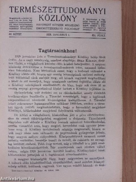 Természettudományi Közlöny 1928. január-december/Pótfüzetek a Természettudományi Közlönyhöz 1928. január-december