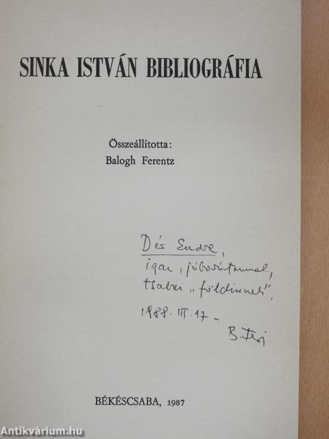 Sinka István Bibliográfia (dedikált példány)