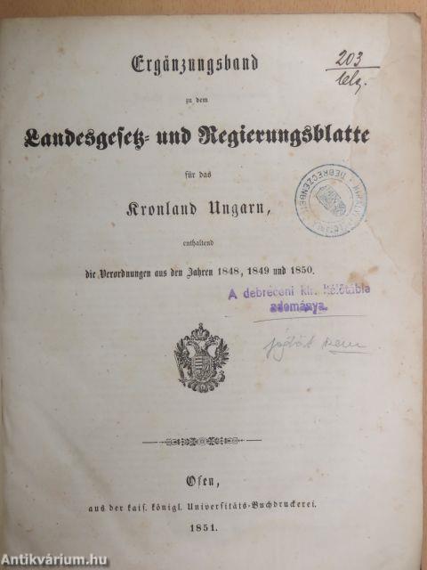 Ergänzungsband zu dem Landesgesetz- und Regierungsblatte für das Kronland Ungarn (gótbetűs)