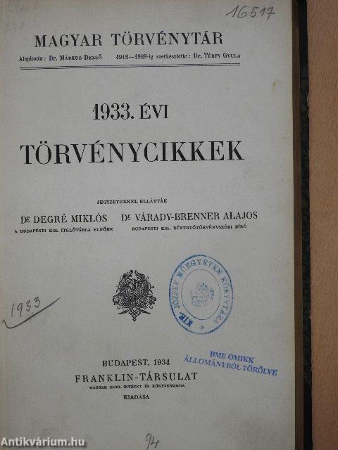 1933. évi törvénycikkek