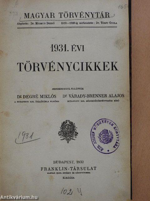 1931. évi törvénycikkek/Pótlások az 1871-1931. évi törvényekhez