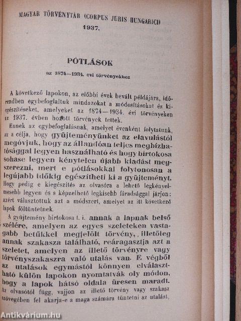 1937. évi törvénycikkek/Pótlások az 1874-1934. évi törvényekhez