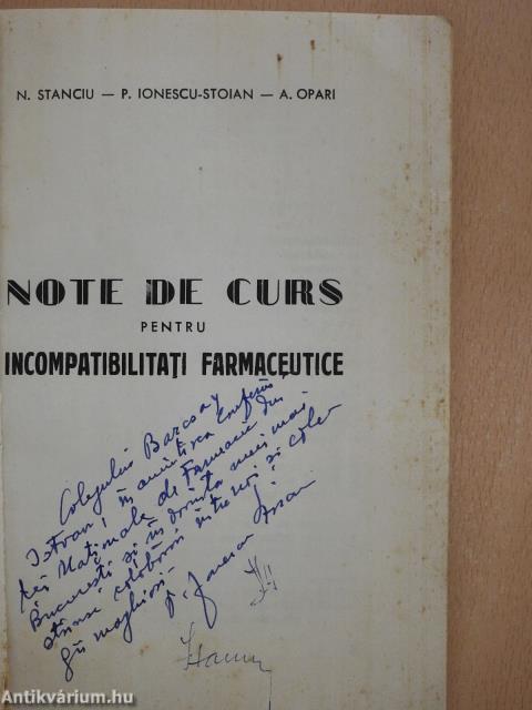 Note de curs pentru incompatibilitati farmaceutice (dedikált példány)