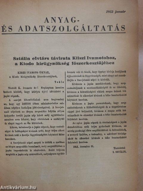 Anyag- és Adatszolgáltatás 1952. (nem teljes évfolyam)