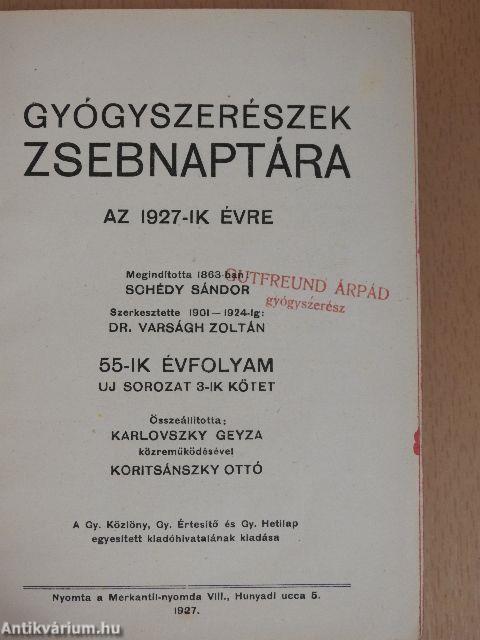 Gyógyszerészek zsebnaptára az 1927-ik évre