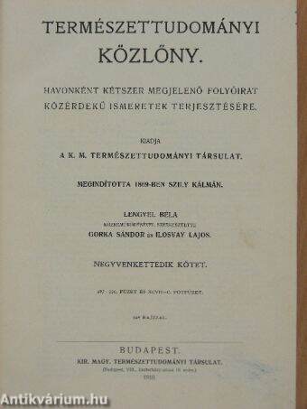 Természettudományi Közlöny 1910. január-december/Pótfüzetek a Természettudományi Közlönyhöz 1910. január-december