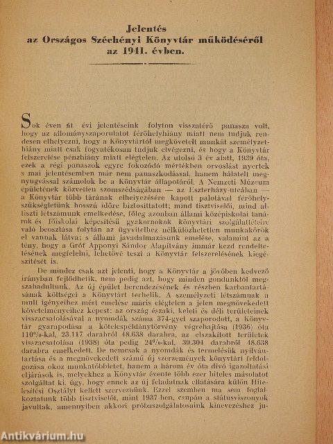 Jelentés az Orsz. Széchényi Könyvtár állapotáról és működéséről az 1941. évben