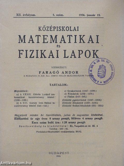 Középiskolai Matematikai és Fizikai Lapok 1936. január 15.