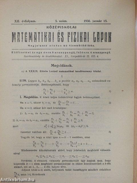 Középiskolai Matematikai és Fizikai Lapok 1936. január 15.