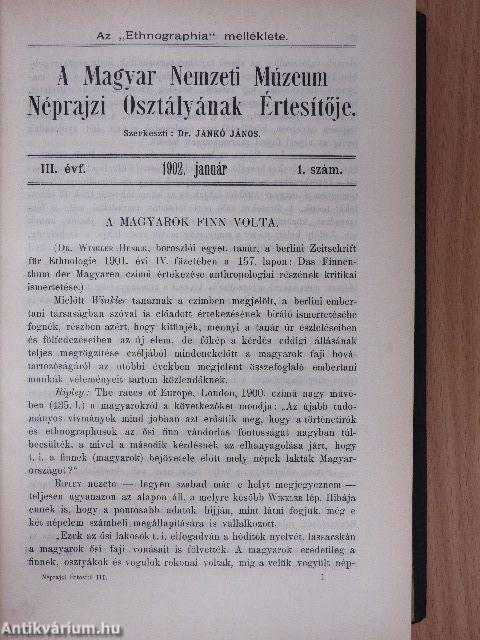 Ethnographia 1902. január-deczember/A Magyar Nemzeti Múzeum Néprajzi Osztályának Értesítője 1902. január-deczember