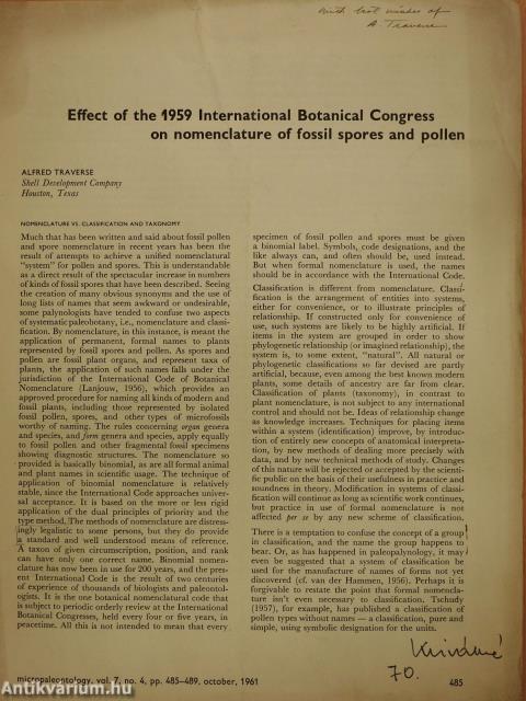 Effect of the 1959 International Botanical Congress on nomenclature of fossil spores and pollen (dedikált példány)