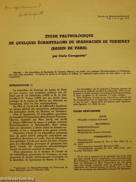 Étude Palynologique de Quelques Échantillons du Sparnacien de Verzenay (Bassin de Paris)(dedikált példány)