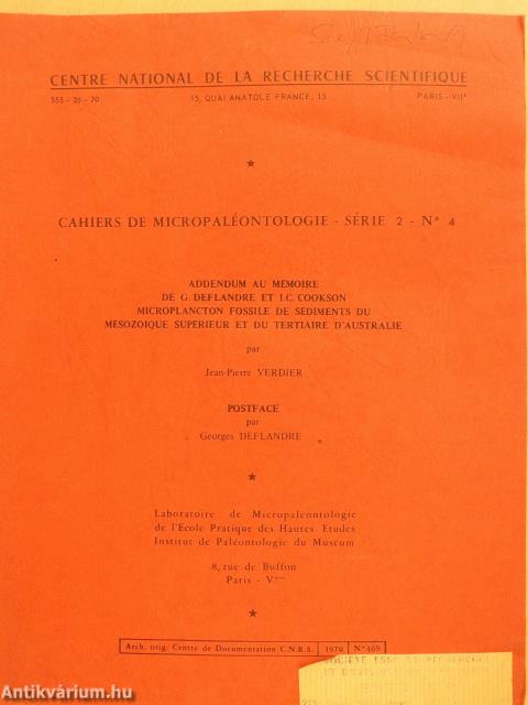 Addendum au memoire de G. Deflandre ez I. C. Cookson microplanctonfossile de sédiments du mésozoique supérieur et du Tertiaire d'Australie (dedikált példány)