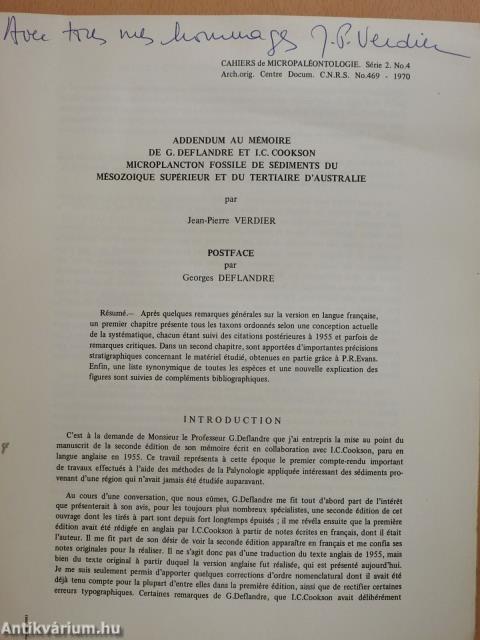 Addendum au memoire de G. Deflandre ez I. C. Cookson microplanctonfossile de sédiments du mésozoique supérieur et du Tertiaire d'Australie (dedikált példány)