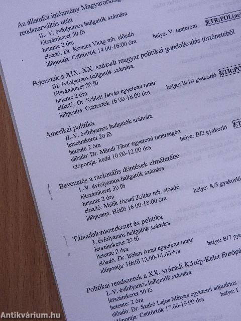 Eötvös Loránd Tudományegyetem Állam- és Jogtudományi Kar órarend-tanrend 2004/2005. ősz