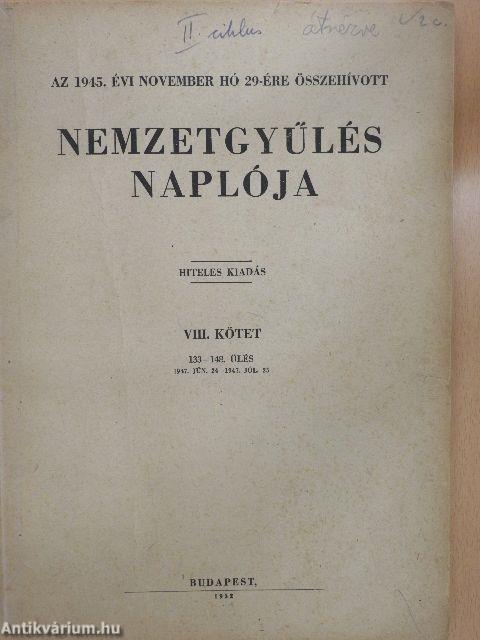 Az 1945. évi november hó 29-ére összehívott nemzetgyűlés naplója VIII. kötet