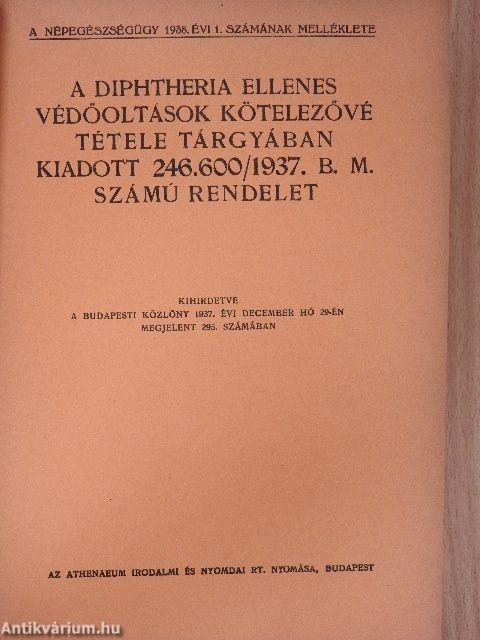 Népegészségügy 1938. január-december/A Diphtheria ellenes védőoltások kötelezővé tétele tárgyában kiadott 246.600/1937. B. M. számú rendelet/Egészségügyi jelzőszámok egy magyarországi falusi körzet egészségügyi felvételében