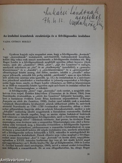 Az irodalmi áramlatok struktúrája és a felvilágosodás irodalma (dedikált példány)