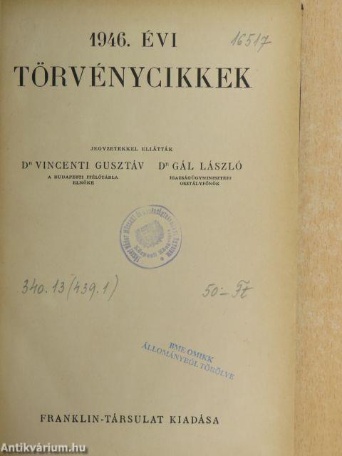 1946. évi törvénycikkek/Pótlások az 1439-1945. évi törvényekhez