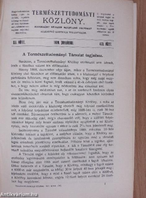 Természettudományi Közlöny 1909. január-december/Pótfüzetek a Természettudományi Közlönyhöz 1909. január-december