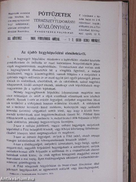 Természettudományi Közlöny 1909. január-december/Pótfüzetek a Természettudományi Közlönyhöz 1909. január-december