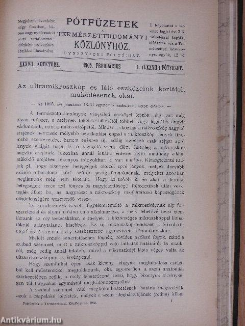 Természettudományi Közlöny 1905. január-december/Pótfüzetek a Természettudományi Közlönyhöz 1905. január-december