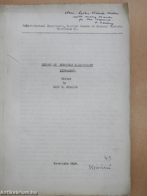 Report on European Paleobotany 1939-1947. (dedikált példány)