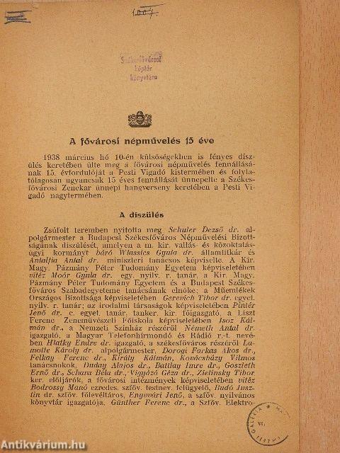 Budapest Székesfőváros Népművelési Bizottságának 1938. március hó 10-én tartott díszülése