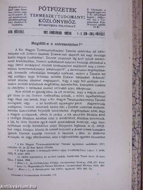 Természettudományi Közlöny 1912. január-december/Pótfüzetek a Természettudományi Közlönyhöz 1912. január-december