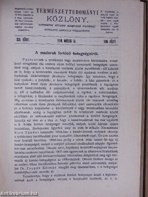 Természettudományi Közlöny 1914. (nem teljes évfolyam)/Természettudományi Közlöny 1910. május 15.