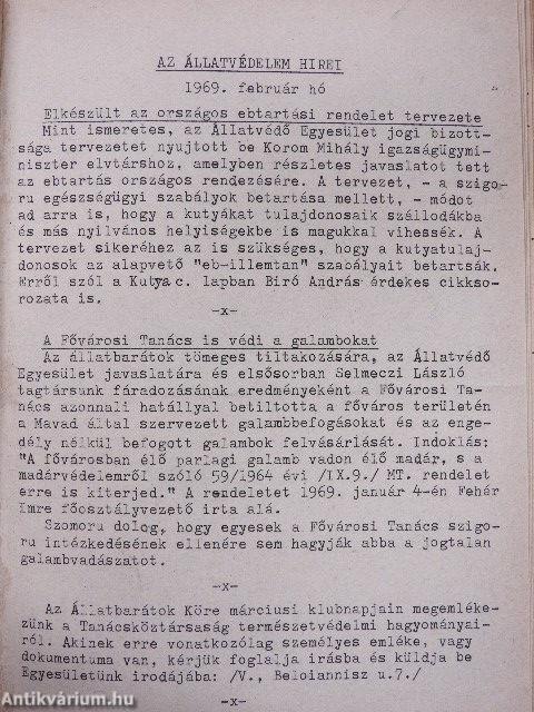 Állatbarátok hiradója 1969-1975. (vegyes számok) (37 db)/Az állatvédelem hírei 1969. február-március