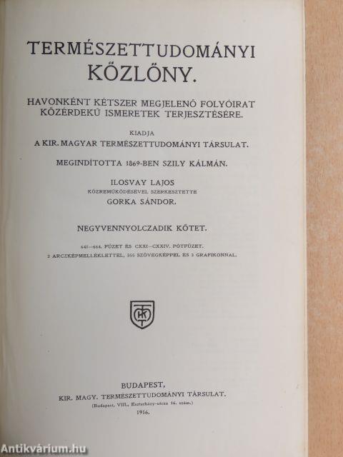 Természettudományi Közlöny 1916. január-deczember/Pótfüzetek a Természettudományi Közlönyhöz 1916. január-deczember