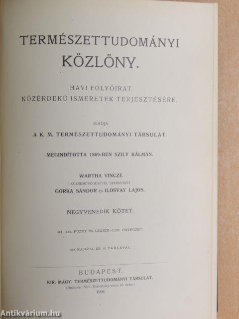 Természettudományi Közlöny 1908. január-december/Pótfüzetek a Természettudományi Közlönyhöz 1908. január-december