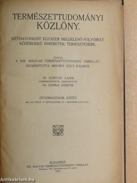 Természettudományi Közlöny 1924. január-december/Pótfüzetek a Természettudományi Közlönyhöz 1924. január-december